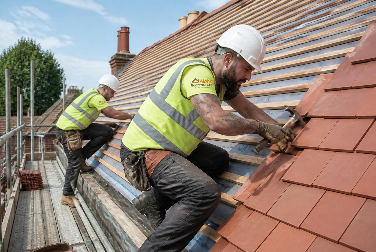 Alpha Roofcare roofers hand-nailing clay tiles on a residential re-roof